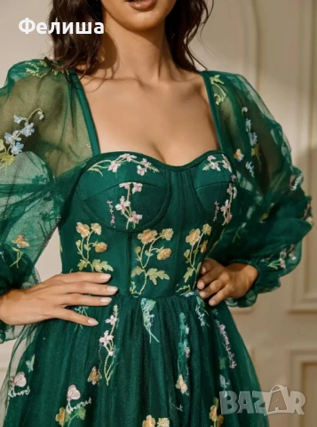 Луксозна Корсетна Бродирана Рокля в Изумрудено Кралско Зелен Цвят с Тюл и Богатство от Цветя , снимка 7 - Рокли - 50812085