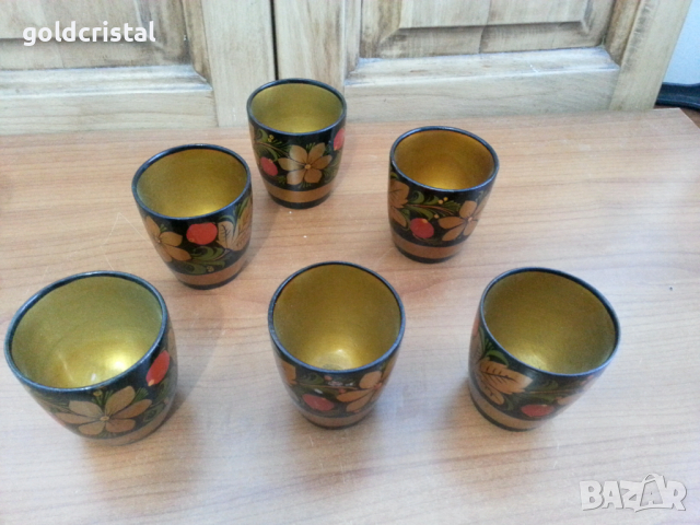 Руски дървени чашки чаши хохлома рисувани, снимка 6 - Други ценни предмети - 36553520
