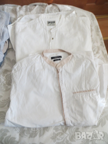 Мъжки ризи с дълъг ръкав и права яка от лен и памук