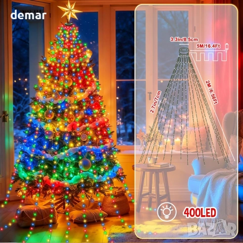Коледни лампички за елха, 400 LED, 8 режима, 2 метра x 16 реда, многоцветни, снимка 6 - Декорация за дома - 52118611