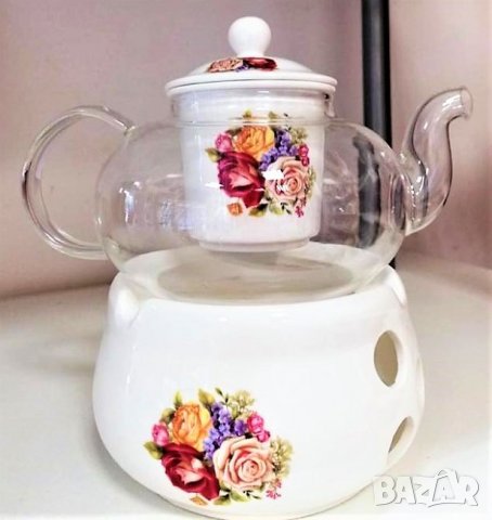 Чайниче за чай или кафе от огнеупорно стъкло с подгряваща поставка, снимка 1 - Чаши - 31512900