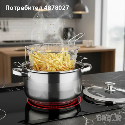 Тенджера с кошница за пържене и стъклен капак Cheffinger  Ø24 см – инокс, 6,5 л, за всички котлони, снимка 7 - Съдове за готвене - 55713760
