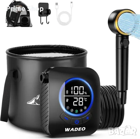 Преносим къмпинг душ WADEO с помпа, батерия 8000 mAh, LED дисплей и сгъваема кофа 20L