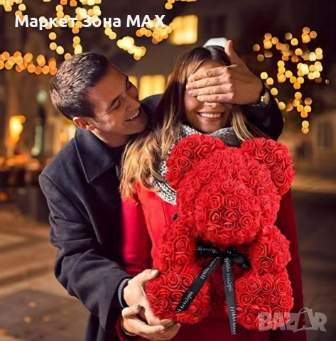 Плюшено мече с LED рози - подарък за мама, момиче, баба - комплект вечни рози 25 см