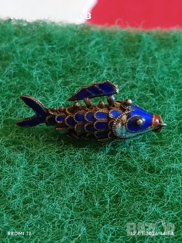 Винтидж сребърен медальон Риба син емайл рядък нестандартен подарък 52573, снимка 4 - Колиета, медальони, синджири - 53073412
