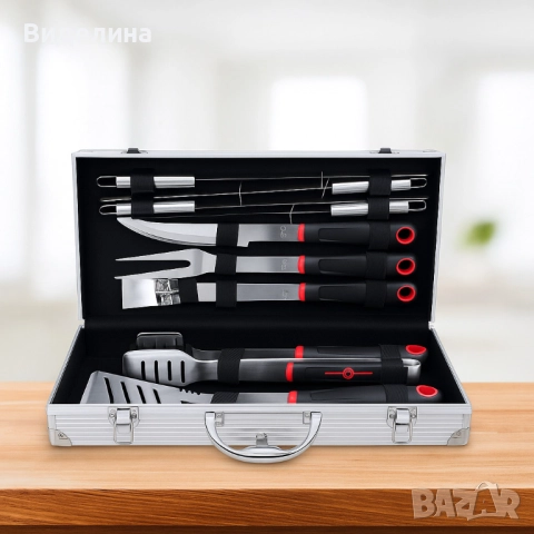 Луксозен комплект от 11 инструмента за барбекю в алуминиев куфар, снимка 3 - Барбекюта - 51949730