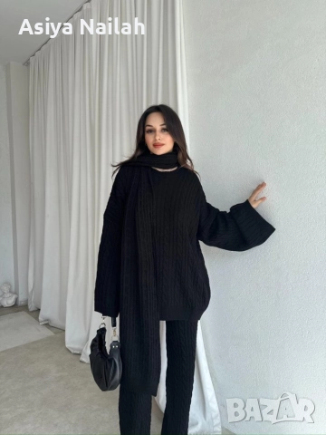Елегантен черен комплект от 3 части – туника, панталон и шал, снимка 4 - Комплекти - 52795229