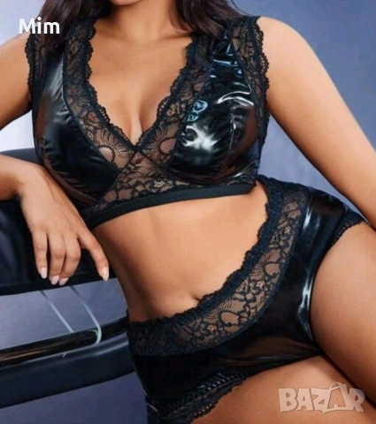  Резервирани 3XL К-т Сутиен/бюстие / и бикина от еко кожа и дантела , снимка 4 - Бельо - 53116974
