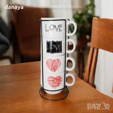 5622 Комплект керамични чаши на метална стойка Love