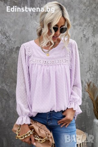 Дамска елегантна блуза в светлолилаво с принт на точки, снимка 1 - Блузи с дълъг ръкав и пуловери - 40354300