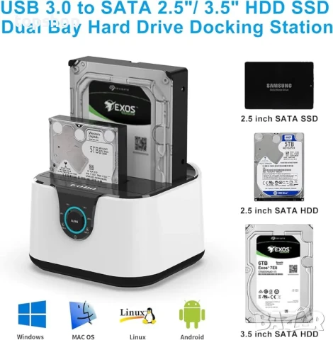 НОВА докинг станция Vultech 2 слота 2 Slot HDD SATA 2,5 / 3,5 за клониране, Usb 3.0 Бяла
