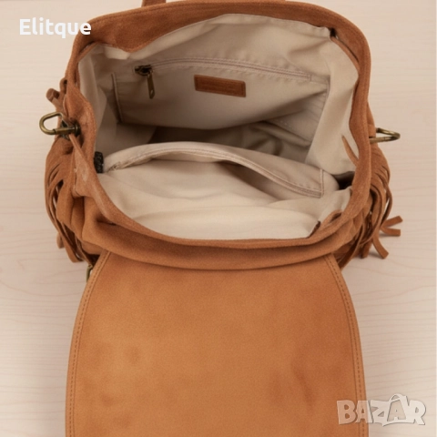 Велурена дамска раница с ресни и метални нитове – бохо стил и практичност, снимка 7 - Чанти - 52459500