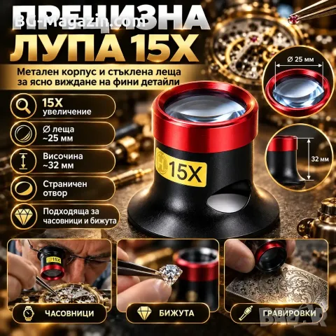 Часовникарска лупа 15X с метален корпус и стъклена леща