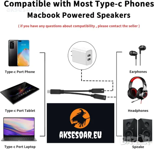 Преходник от USB C към 3,5 мм Aux жак за слушалки и адаптер за зарядно USB C с PD 60 W бързо зарежда, снимка 4 - Слушалки, hands-free - 49740619