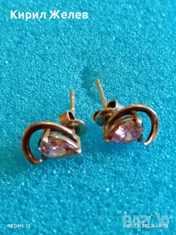 Изящни сребърни обеци елегантни с розов камък майсторска ръчна изработка 48944
