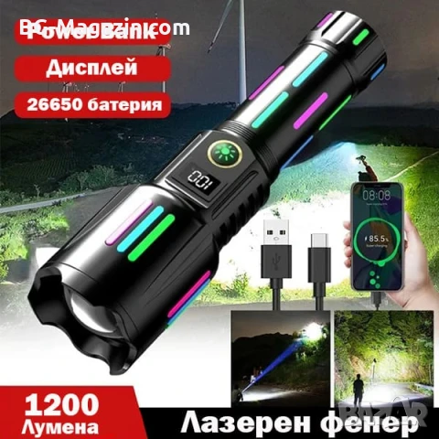 Далекобоен лазерен LED фенер прожектор мощен USB зареждане за лов риболов къмпинг туризъм работа