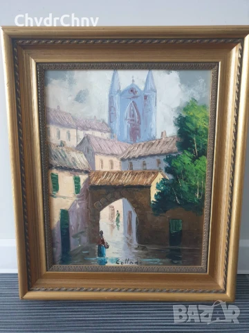 Collado 55х47см/испанска картина масло върху платно/градски пейзаж/къщи-катедрала/дървена рамка