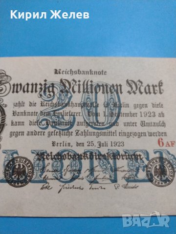Райх банкнота - 20 Милиона марки 1923 година Германия - за колекция - 18893, снимка 6 - Нумизматика и бонистика - 31186530