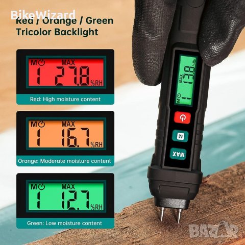 ERICKHILL Влагомер за дървесина с 3-цветна подсветка, цифров детектор за влага  НОВО, снимка 3 - Измервателни инструменти - 42104579