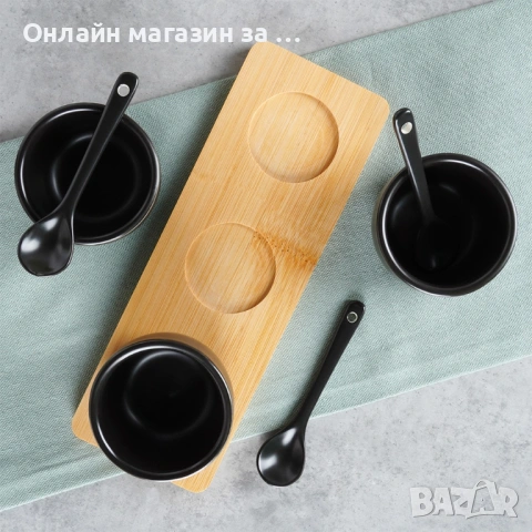 Комплект от 3 керамични купи с лъжици върху бамбуков поднос, 21,5x6,5x5,5 см, черни 139686, снимка 6 - Прибори за хранене, готвене и сервиране - 53230864
