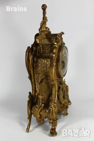 Немски Каминен Механичен Часовник Месингов С Орнаменти, снимка 7 - Антикварни и старинни предмети - 51394258