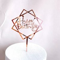 Happy Birthday Кръг Квадрат твърд Акрил Розов металик топер за торта Рожден Ден, снимка 2 - Други - 36669135