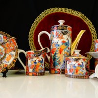 Чаша с чиния японски порцелан Eiwa Kinsei,злато,пауни. , снимка 12 - Антикварни и старинни предмети - 37925311