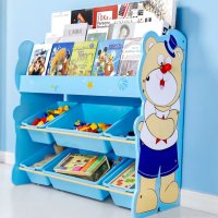 Дървена етажерка органайзер за играчки и книги синьо мече с 6 коша и рафтове, снимка 2 - Образователни игри - 36714895