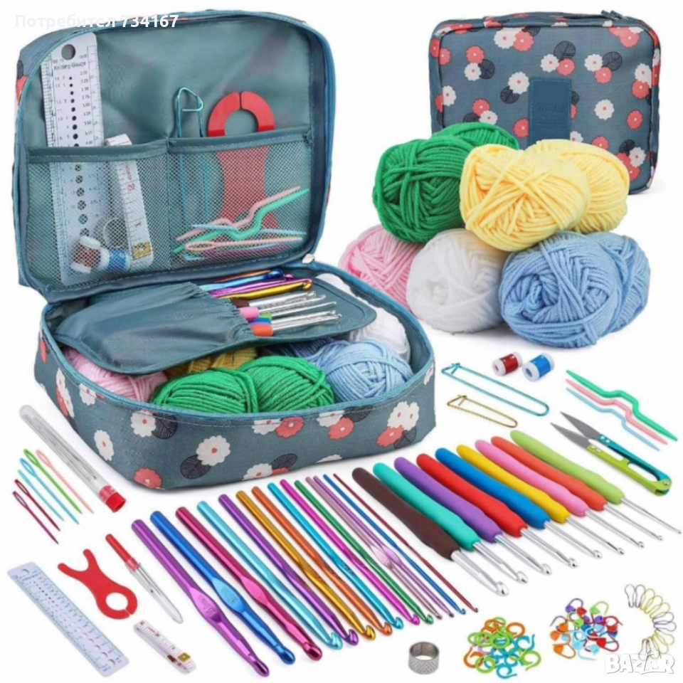 Комплект аксесоари за плетене, 107 части, 14 алуминиеви куки – Пълен сет за начинаещи и напреднали, снимка 1