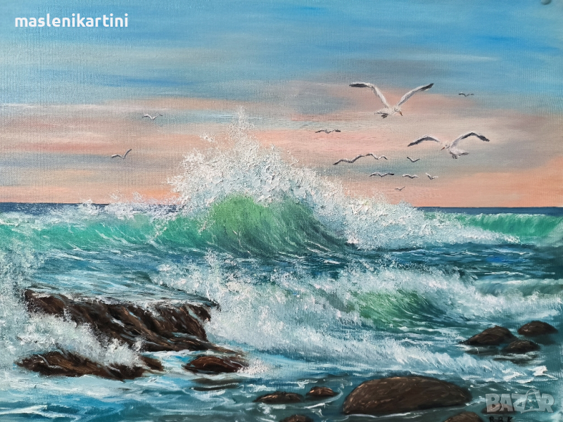 морски пейзаж с вълни и чайки маслена картина , снимка 1