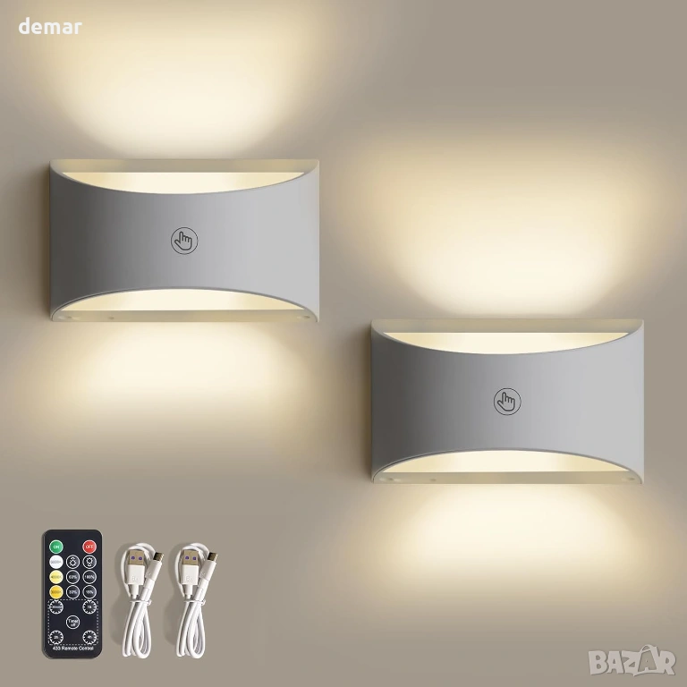 2 бр. безжични акумулаторни LED стенни лампи с осветление нагоре и надолу, дистанционно, снимка 1