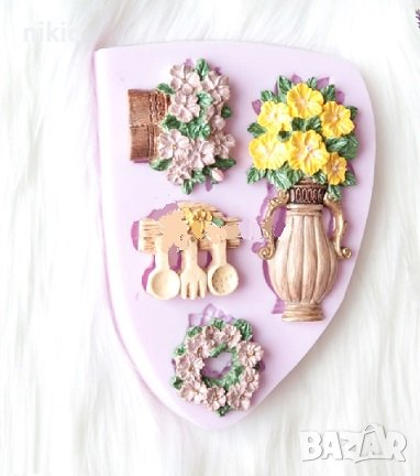 Прибори кошница венец ваза гарафа с цветя силиконов молд форма фондан шоколад гипс , снимка 1