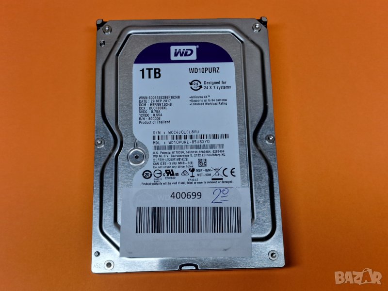 1TB 1000GB хард диск за видеонаблюдение DVR или PC тествани WD WD10PURZ, снимка 1