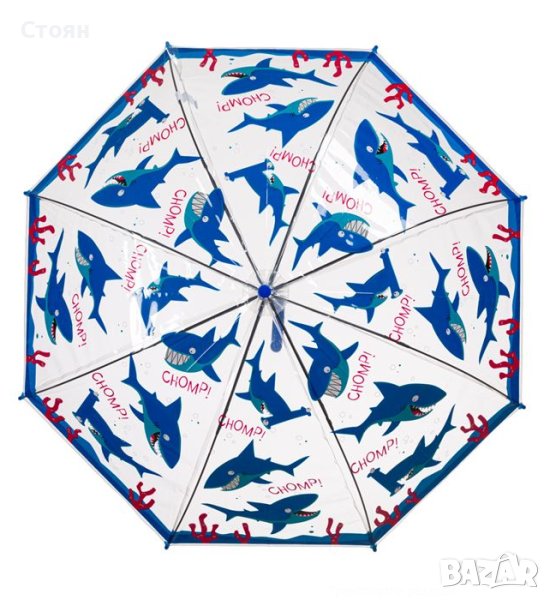 Чадър тип бастун за дъжд Автоматичен детски прозрачен Blue Sharks 66см, снимка 1
