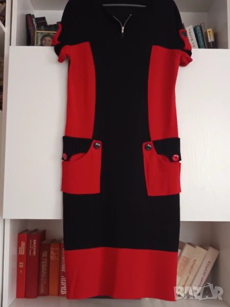 Червено)черна рокля с джобове , снимка 1