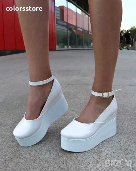 Обувки на платформа - бял лак с бяло ходило - 125K, снимка 1