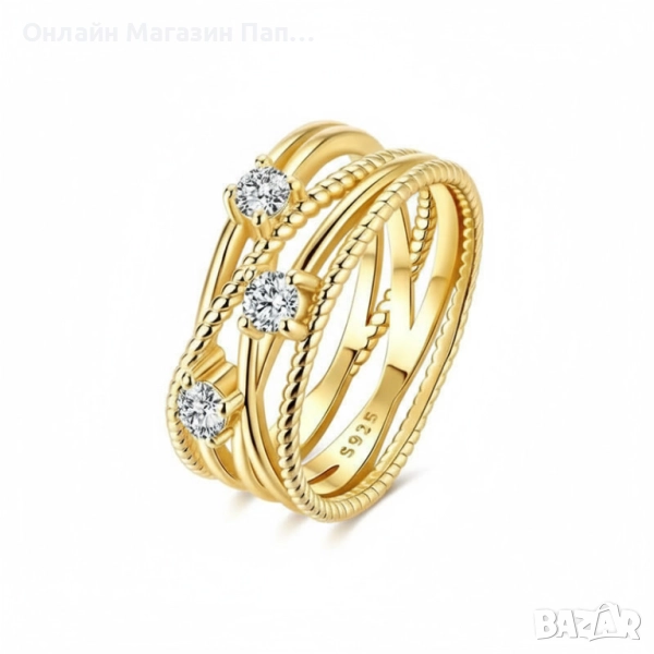 Сребърен пръстен от 925 стерлингово сребро с преплетени халки и три циркона – златист цвят, снимка 1
