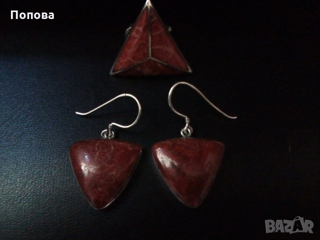 Дизайнерски сребърен комплект  с червен  корал   /обеци и пръстен /, снимка 2 - Бижутерийни комплекти - 30163938