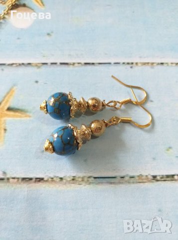 Уникални обеци с редкият камък син Азурит и орнаменти цвят злато, снимка 8 - Обеци - 40714402