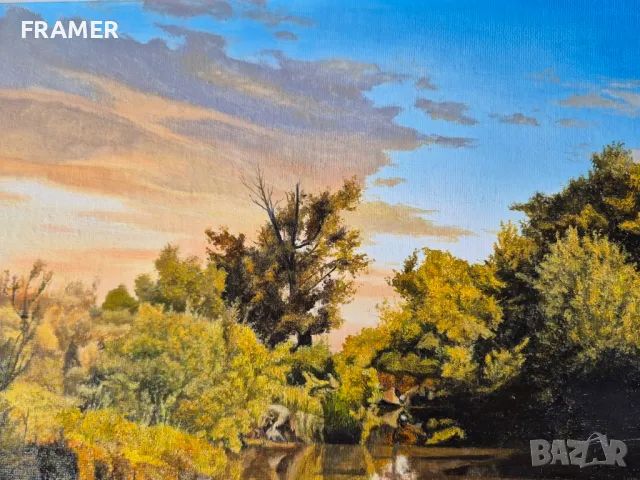 Петър Момчилов Залез край реката 2022г. Майсторски нарисувана картина, снимка 6 - Картини - 48296440