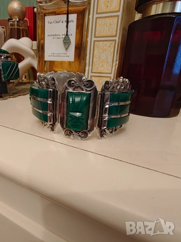 Антикварна сребърна гривна Мексико ,зелен оникс ., снимка 6 - Гривни - 54030476