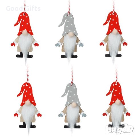 6 броя Дървени Коледни гномчета висулки за елха, 8см, снимка 2 - Декорация за дома - 42691189