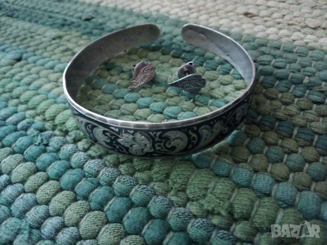 Антикварни руски сребърна гривна с Ниело и обеци, снимка 6 - Гривни - 34225120