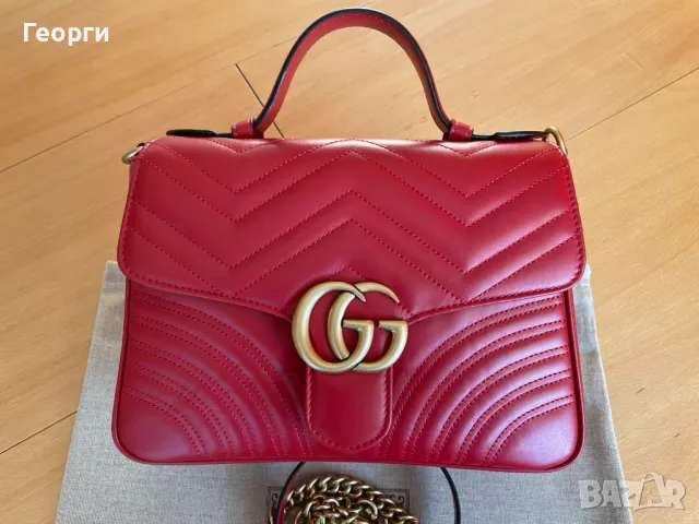 Чантa Гучи Оригинална Горна Дръжка GG Лого Marmont Червена Кожа Gucci, снимка 1