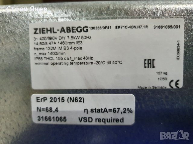 Центробежен Вентилатор Ziehl Abegg 7.5 KW , 11 KW , снимка 12 - Други машини и части - 30622457