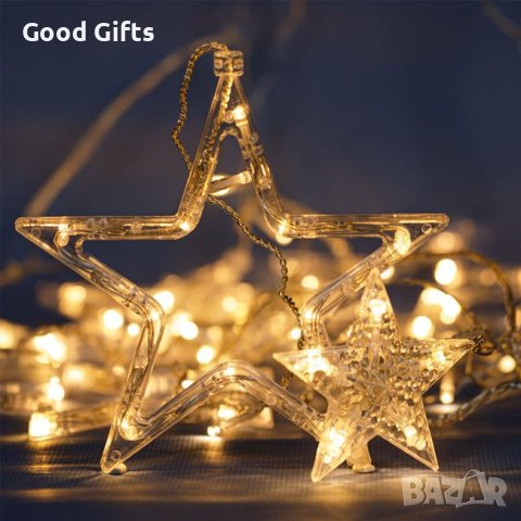 Коледни лампички LED Завеса с големи и малки Звезди, Топло бяло, 107 LED, снимка 2 - Лед осветление - 42734549