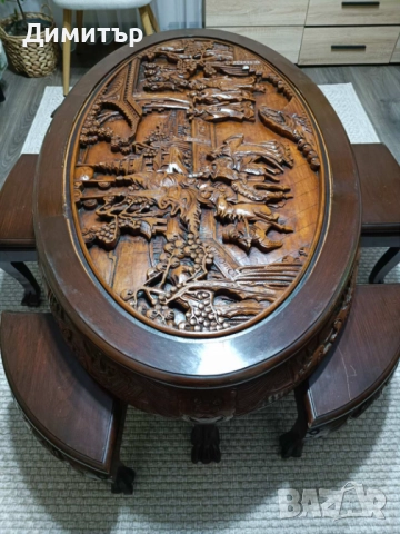 Антикварна японска маса с 6 стола от черешово дърво , снимка 3 - Маси - 52344134