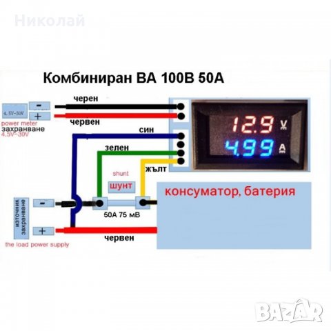 Амперметър Волтметър DC 0 ~ 100V 50A + външен шунт, снимка 7 - Друга електроника - 29419836