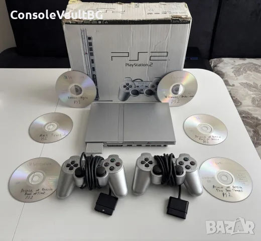 PlayStation 2 Slim Satin Silver с FCMB + кутия + 2 джойстика + 6 игри 