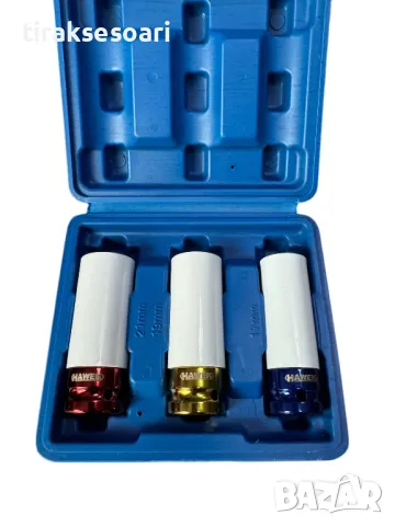 Комплект от 3 Ударни вложки за лети джанти 12, 19 и 21мм 1/2" HAWEK, снимка 3 - Други инструменти - 49349553